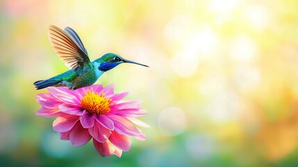 Naklejka premium A hummingbird perches on a pink flower before a bright green and yellow boke of light
