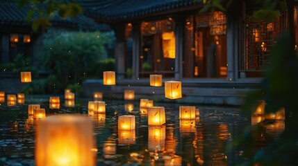 Obraz premium Serene Lanterns Floating on Water in Tranquil Traditional Setting