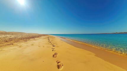 Fototapeta premium Tranquil beach scene with sandy shore and clear blue water