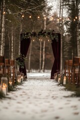 Fototapeta premium Snow-covered outdoor wedding features burgundy velvet arch and decorated wooden chairs for guests