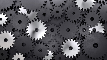 Black and metallic gears background. Cogwheel system. 3D rendering.