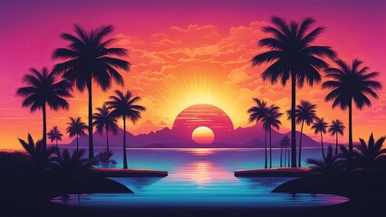 Vibrant sunset colors illuminating tropical scene, palm trees framing serene waters, mountains creating stunning backdrop, ideal for promoting travel, relaxation, and exploration themes.