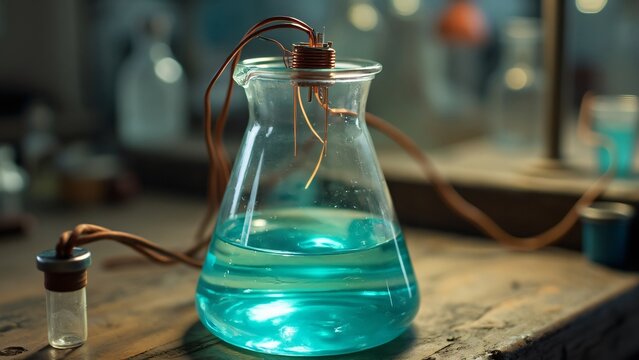 Ethereal Teal Liquid in Glass Erlenmeyer Flask with Copper Wiring