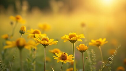 Golden Hour Meadow, Vibrant Yellow Flowers in Sunlight