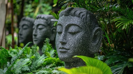 Obraz premium Serene Stone Heads Surrounded by Lush Greenery in Tropical Setting