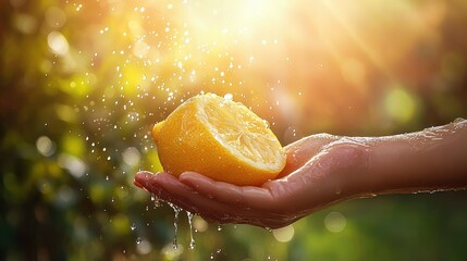 Fresh Lemon Sliced in Hand with Water Droplets Against Sunset Glow