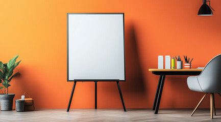 A blank whiteboard is standing on a black stand in the center of an orange wall. Next to it, there's a modern desk with a chair and office supplies.
