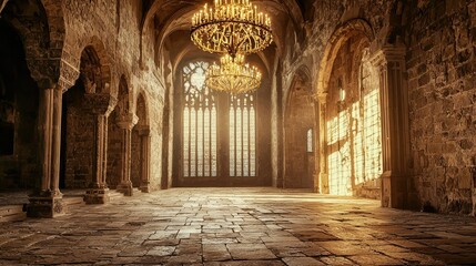 Fototapeta premium Majestic Stone Hall with Grand Chandeliers and Sunlight Beams