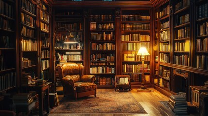 Cozy Library Interior with Armchair, Bookshelves and Warm Lighting