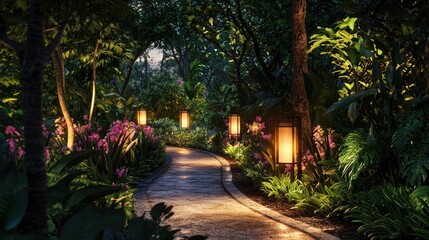 Enchanted Garden Pathway Illuminated by Lanterns at Dusk