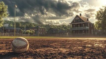 Baseball on a dusty field, old houses and dramatic sky.