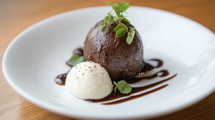   A white plate holds a chocolate cake and an ice cream scoop atop a wooden table
