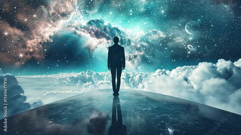 Poster a figure stands on a reflective pathway surrounded by billowing clouds while gazing into a stunning 