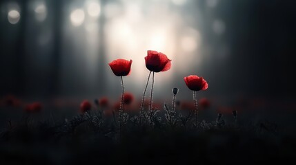 Obraz premium Vibrant red poppies bloom gracefully in a dark forest setting, showcasing nature's beauty and the tranquility of a peaceful morning atmosphere