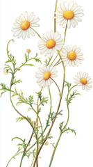 Fototapeta premium Detailed botanical illustration of delicate daisies with green stems against white background