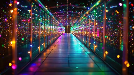Colorful Light Tunnel with Bright Bokeh Effect and Reflections