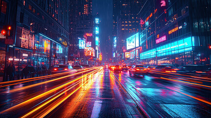 Obraz premium Abstract long exposure of a city street at night, with light streaks from moving cars creating dynamic lines and blending into glowing paths, symbolizing movement, time, and progress in a modern urban