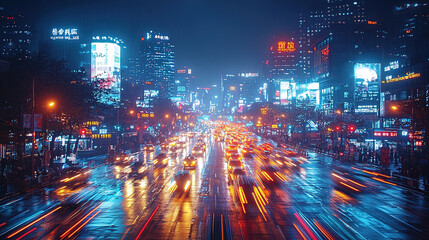 Obraz premium Abstract long exposure of a city street at night, with light streaks from moving cars creating dynamic lines and blending into glowing paths, symbolizing movement, time, and progress in a modern urban