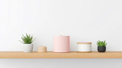 Pink candle and succulents on a minimalist shelf. Perfect for a calm and serene atmosphere.