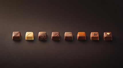   Chocolates aligned on black surface with gold centerpiece