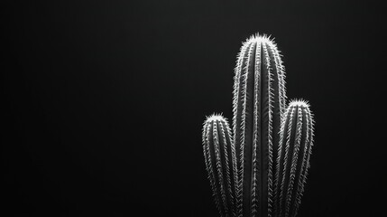   Black & white photo of a saguaru cactus in a dark room w/ full moon