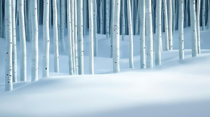   A snowy forest stands still on a white-covered ground, with snow carpeting both the trees and the earth