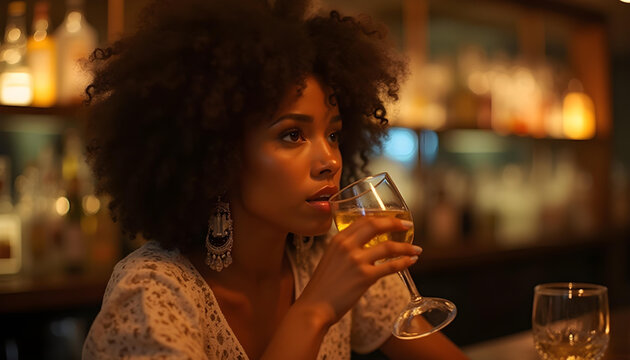 Mujer atractiva de raza negra y pelo rizado bebiendo una copa de vino blanco en un bar de lujo