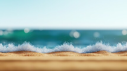   A tight shot of a seashore with surges pushing onto and retreating from the sand, while the expansive ocean serves as a backdrop