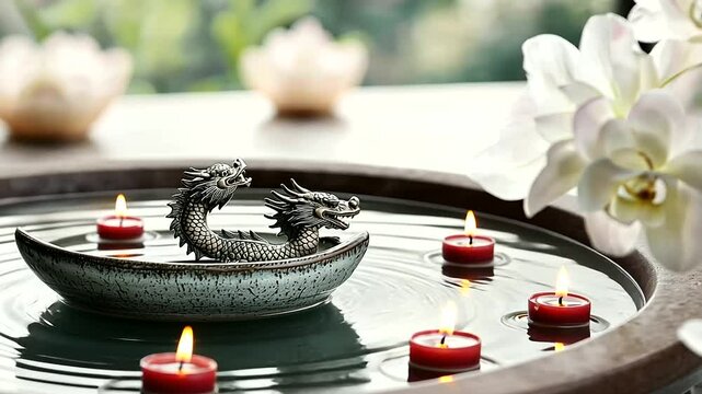 Dragon Boat Miniature in Ceramic Basin with Lotus Flowers and Candles