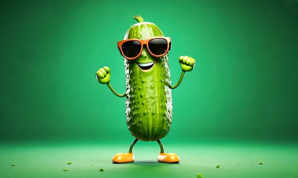 Cute Cartoon Dancing Pickle Food Character on a Green Background