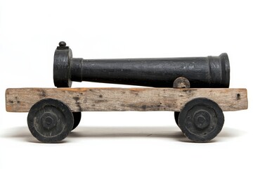 Obraz premium Photo showcase of an obsolete naval weapon, depicting an old-fashioned battle gun and vintage firearm, focused on a time-worn cannon made from wood and iron, isolated on a white background with a