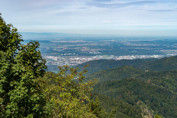 View from Schauinsland in beautiful weather over Freiburg to the Vosges Mountains