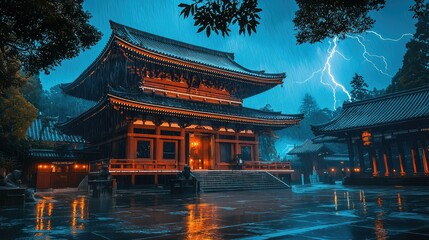 Fototapeta premium Majestic Temple Under Stormy Sky with Lightning Strikes at Night