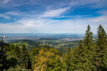 View from Schauinsland in beautiful weather over Freiburg to the Vosges Mountains