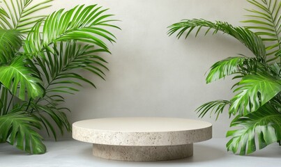 Obraz premium 3D background with a natural neutral-colored podium display in the center, set on a stone base. Behind the podium, a cluster of green monstera palm leaves is arranged below