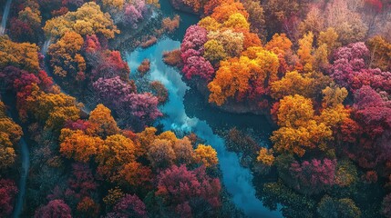 Naklejka premium Aerial View of Vibrant Autumn Forest with Colorful Foliage and River