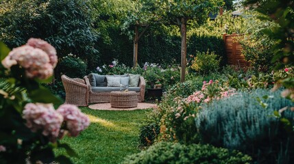 Obraz premium Serene Garden Retreat with Cozy Seating Surrounded by Lush Flora