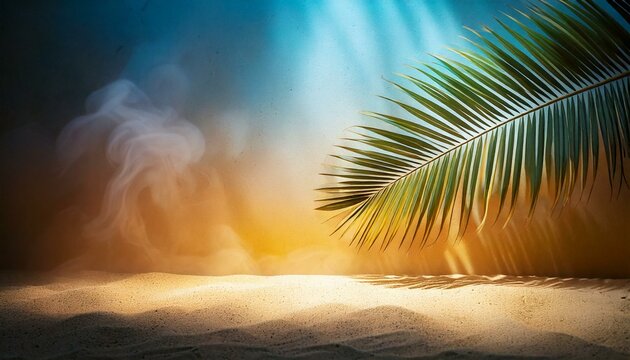 Wakacyjne tło z piaskiem i liśćmi palmy