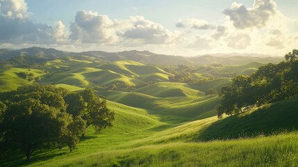 Fototapeta premium Serene Rolling Hills Under Bright Blue Sky with Soft Clouds