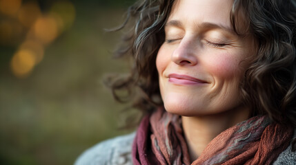 Fototapeta premium Close up portrait of middle aged Caucasian woman with closed eyes and a gentle smile, soft background out of focus. Copy space, aspect ratio 16:9