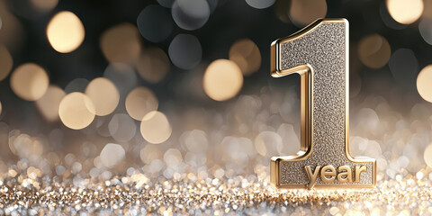 1 year celebration banner template. Creative 3d background wallpaper for web page, congratulation backdrop, copy space