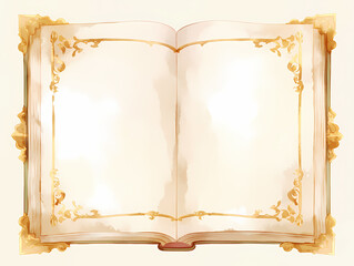 Open antique book with ornate gold detailing. Watercolor style illustration, perfect for fairytale or fantasy themes.