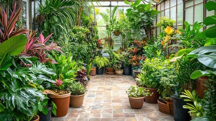 Lush Indoor Garden with Variety of Green Plants in Bright Space