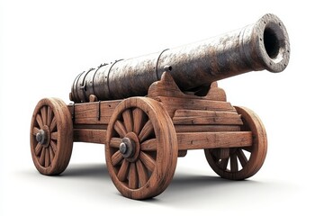 A white background features an old cast iron cannon