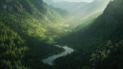 Obraz premium Lush Green Valley with River and Mountains under Soft Morning Light
