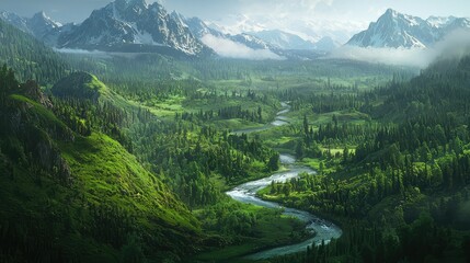 Naklejka premium Serene Mountain Landscape with Lush Greenery and Flowing River