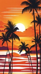 Obraz premium Stunning sunset view with vibrant hues, palm trees swaying in gentle breeze, peaceful waters reflecting mountains, ideal for capturing essence of adventure, relaxation, and travel.