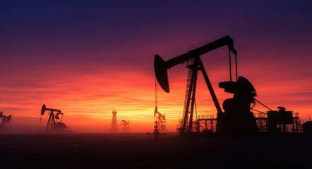 Silhouette of Oil Mining Equipment at a Dramatic Sunset.