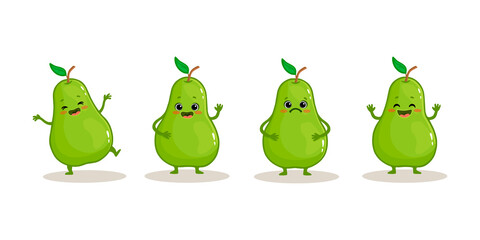 set of cute cartoon pear with emotions isolated on white background. Green pear in different poses. Funny fruit characters. 