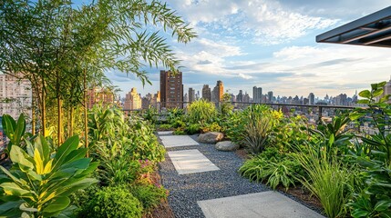 Fototapeta premium Rooftop Garden with Lush Greenery and Urban Skyline in Background